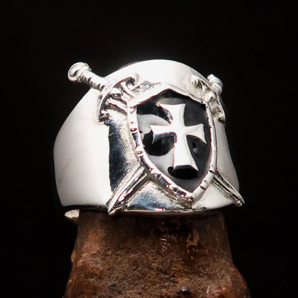 Crossed Swords Men's Black Knights Templar Cross Ring made of solid sterling silver with a high-polished enamel finish.